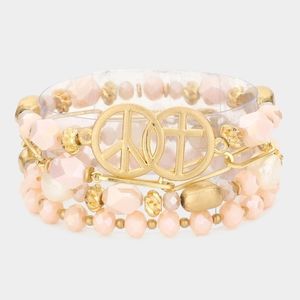 Gold and Beige Beads Cross Peace Sign Stacked MultiLayered Beaded Bracelet
